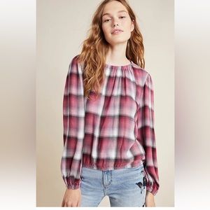 Anthropologie Cloth & Stone Glacier‎ Plaid Elastic Ballon Sleeve Top size S